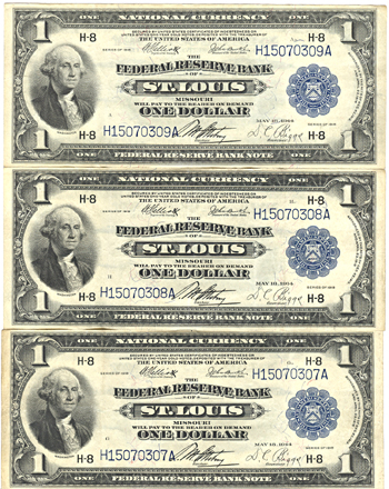 Run of Three Sequential 1918 $1.00.  XF.