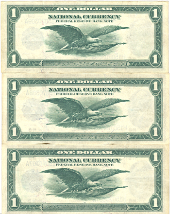 Run of Three Sequential 1918 $1.00.  XF.