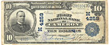 1902 $10.00. Cameron, MO Charter# 4259 Blue Seal. F.