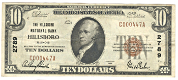 1929 $10.00. Hillsboro, IL Charter# 2789 Ty. 1. VF.