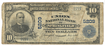 1902 $10.00. Springfield, MO Charter# 5209 Blue Seal. VG.