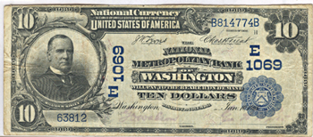 1902 $10.00. Washington, DC Charter# 1069 Blue Seal Date Back. PCGS F-15.