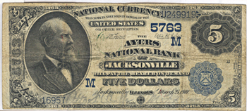 1882 $20.00. Jacksonville, IL Charter# 5763 Value Back. PCGS F-12.