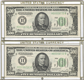 Two Consecutive 1934-A $500.00 St. Louis.  CHCU.