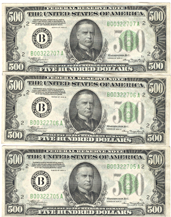 Three Sequential 1934 A $500.00 New York.  CU.