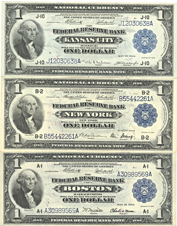 Three 1914 $1.00.  Blue Seal. CHCU.