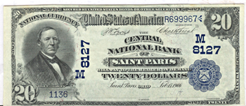 1902 $20.00. Saint Paris, OH Charter# 8127 Blue Seal Date Back. CGA CHCU.