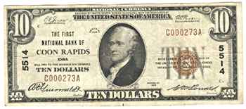 1929 $10.00. Coon Rapids, IA Charter# 5514 Ty. 1. VF.