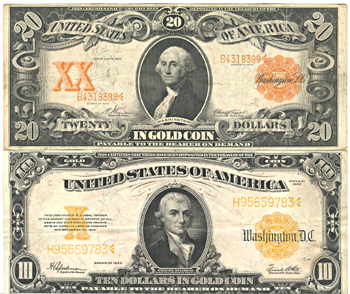 1906 $20.00 and 1922 $10 Gold Certificate.  VF.