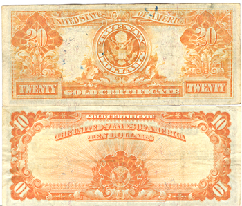 1906 $20.00 and 1922 $10 Gold Certificate.  VF.