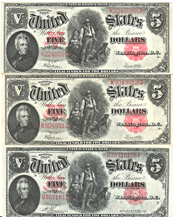 Three 1907 $5.00.  Two CU and an XF.