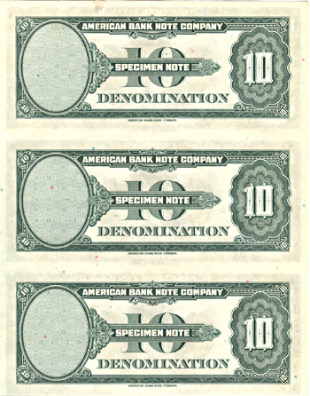 Five $10 Specimens from American Bank Note Company.  CHCU.