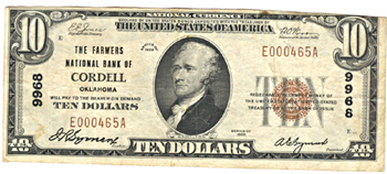 1929 $10.00. Cordell, OK Charter# 9968 Ty. 1. F.