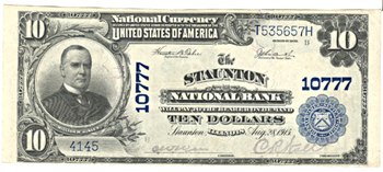 1902 $10.00. Staunton, IL Charter# 10777 Blue Seal. XF.