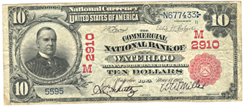 1902 $10.00. Waterloo, IA Charter# 2910 Red Seal. F+.
