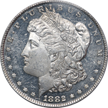 1882-S and three additional PCGS certified MS-63 'DMPL' Morgan dollars. Unc.