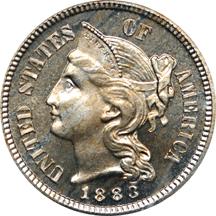 1883 Proof three-cent nickel, PCGS PR-65 CAMEO