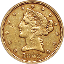 1842-C 'large date' Coronet half-eagle, PCGS XF-40