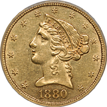 1880-CC Coronet half-eagle, PCGS AU-53