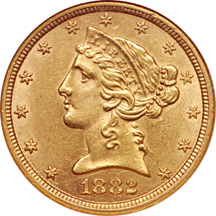 1882-CC Coronet half-eagle, NGC AU-58