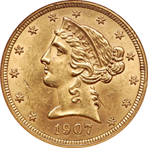 1907-D Coronet half-eagle, NGC MS-62