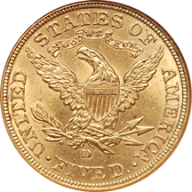 1907-D Coronet half-eagle, NGC MS-62