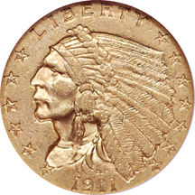 1911 and 1914 Indian quarter-eagle, NGC MS-61