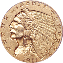 1911-D Indian quarter-eagle, PCGS AU-53