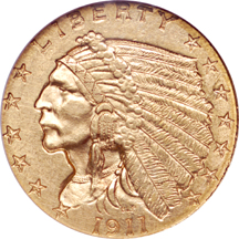 1911-D Indian quarter-eagle, NGC AU-58