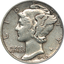 1942/1 Mercury dime, PCGS XF-40