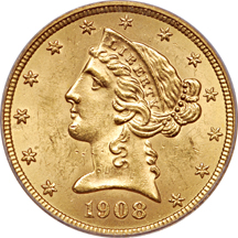 1908 Coronet half-eagle, PCGS MS-63