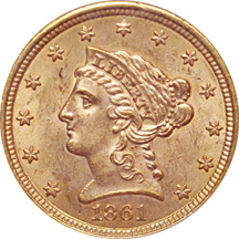 1861 'new reverse' Coronet quarter-eagle, PCGS MS-63