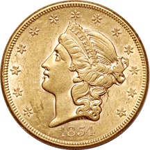 1854 'small date' Coronet double eagle AU-55