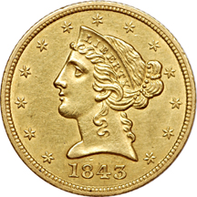 1843 Coronet half-eagle AU-55