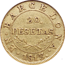 1813-Ba (Spain, Barcelona) 20 Pesetas, NGC XF-45