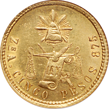 1874 Zs-A 5 Pesos (Mexico), NGC MS-63