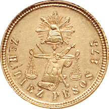 1871 Zs-A 10 Pesos (Mexico), NGC AU-58