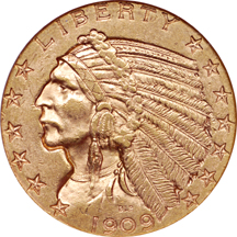 1909-D half-eagle and 1909 quarter-eagle, NGC certified MS-61