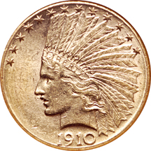 1910-D Indian gold eagle, NGC AU-58