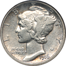 1916-D Mercury dime, NGC AU-50