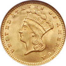 1874 gold dollar, NGC MS-68