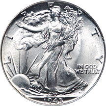 1942-D and 1945 Walking Liberty half-dollars, PCGS MS-66