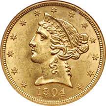 1904 Coronet half-eagle, NGC MS-63