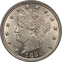 1886 Liberty nickel, reverse rim cud AU-58