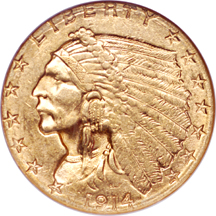 1914-D Indian quarter-eagle, NGC MS-62