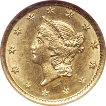 1853-O gold dollar, NGC MS-63