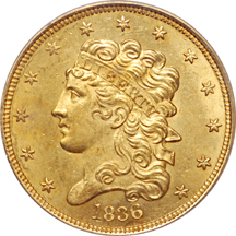 1836 (McCloskey 4-C 'large date') Classic Head half-eagle, PCGS MS-62