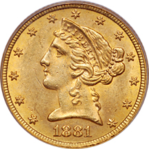 1881 and 1908 half-eagles, PCGS MS-62