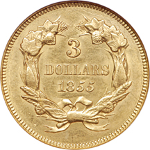 1855 Three dollar, NGC MS-62