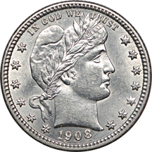 1907, 1908-D and 1914-D Barber quarters, each AU-58